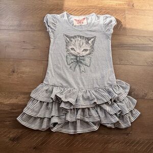 Striped Gray Cat Print Kids Dress